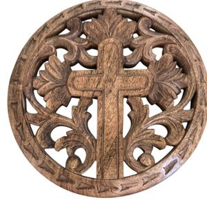 Hand‎ Carved Wooden Cross Wall Plaque Round Floral Scrollwork Religious Decor